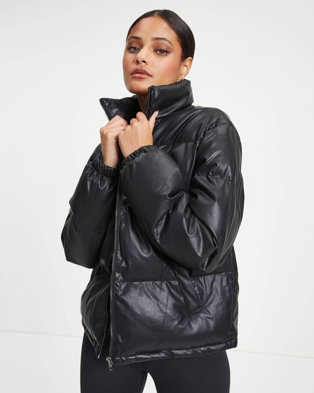 Raza Pocketed Faux Leather Puffer Jacket - Black