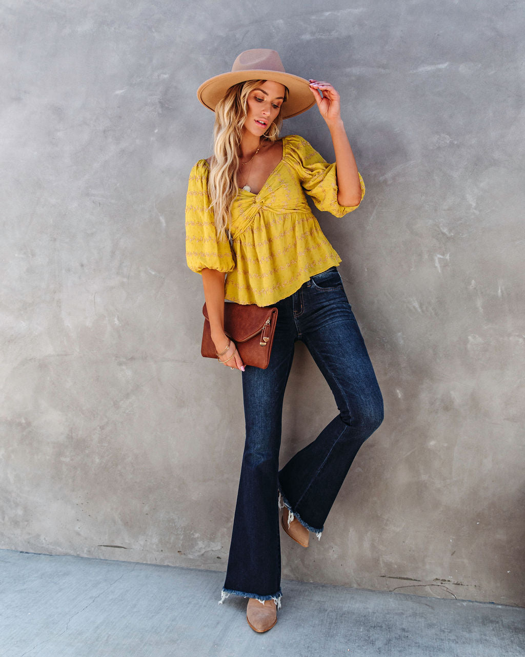 Divine Textured Puff Sleeve Top - Mustard - SALE