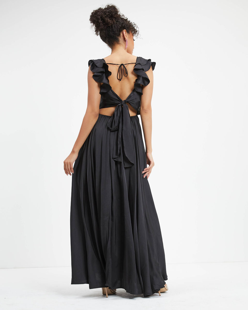 First Class Satin Ruffle Cutout Maxi Dress - Black - FINAL SALE