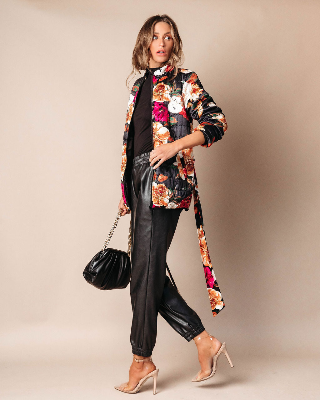 Stefani Floral Pocketed Quilted Jacket - Black
