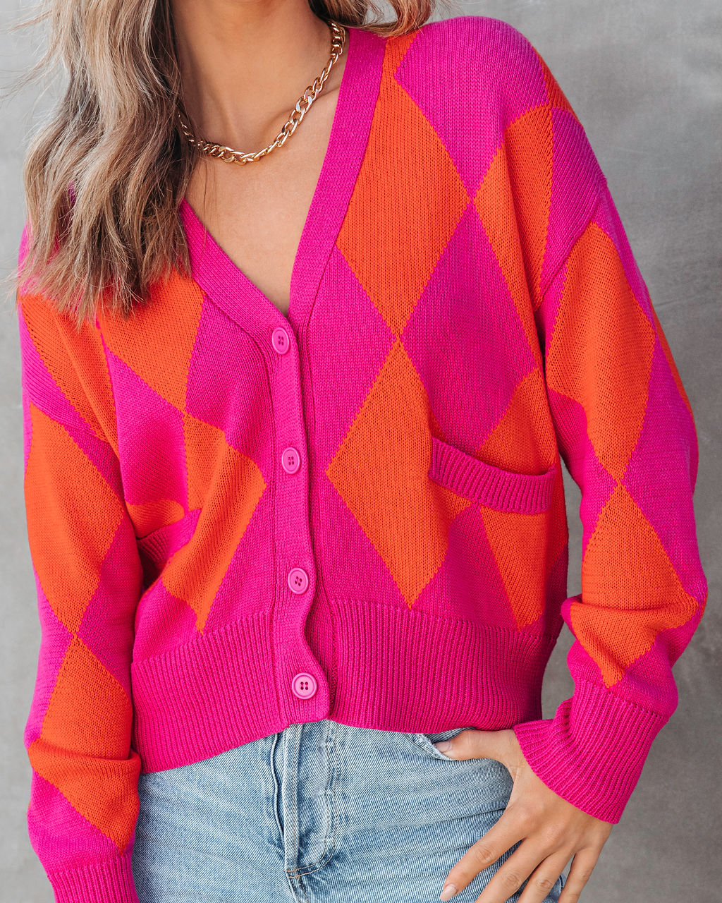 Daria Argyle Pocketed Cardigan - Orange