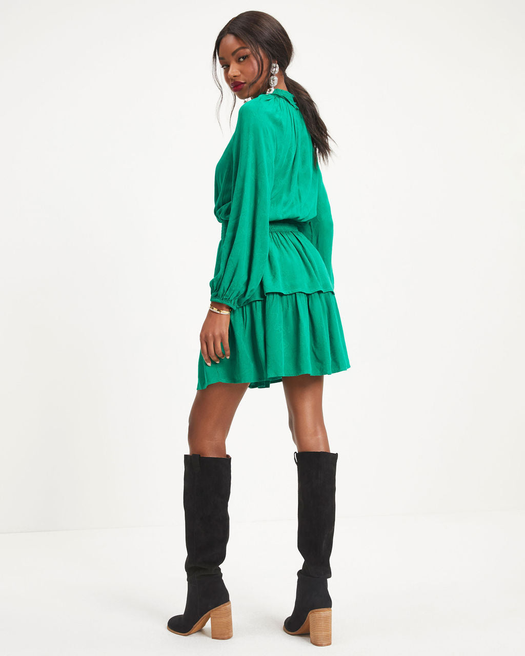 Under The Mistletoe Cutout Tiered Mini Dress - Green
