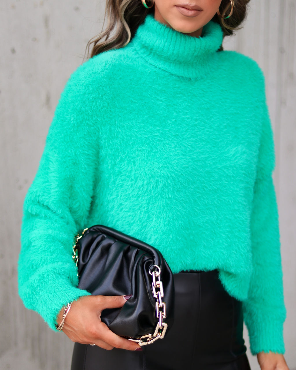 Kylee Fuzzy Knit Turtleneck Pullover Sweater - Green