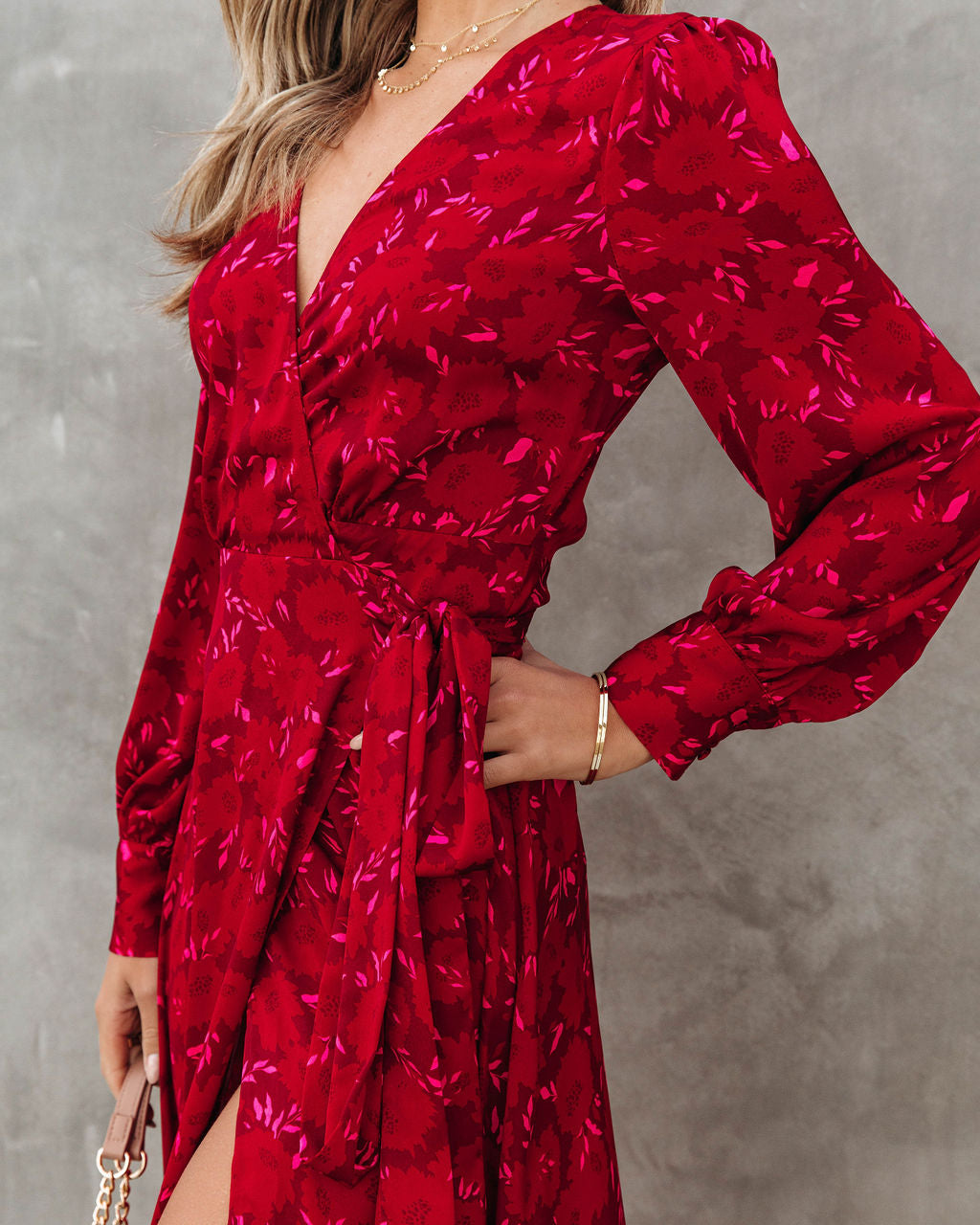 Lucia Satin Floral Wrap Maxi Dress - Red