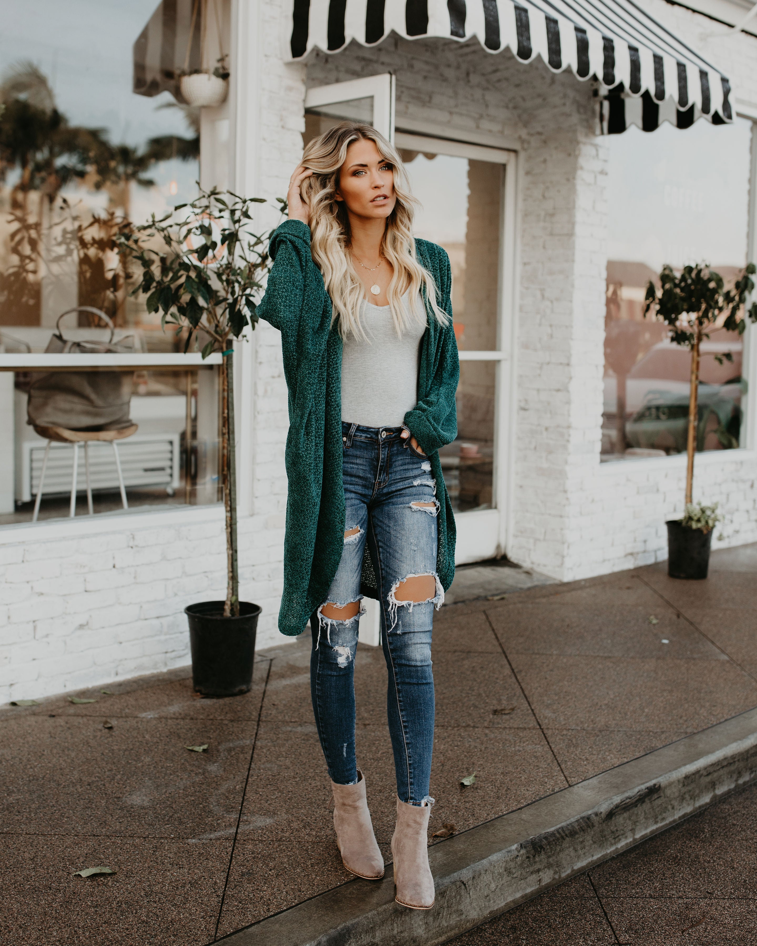 Holiday Spirit Chenille Pocketed Dolman Cardigan - Pine Tree