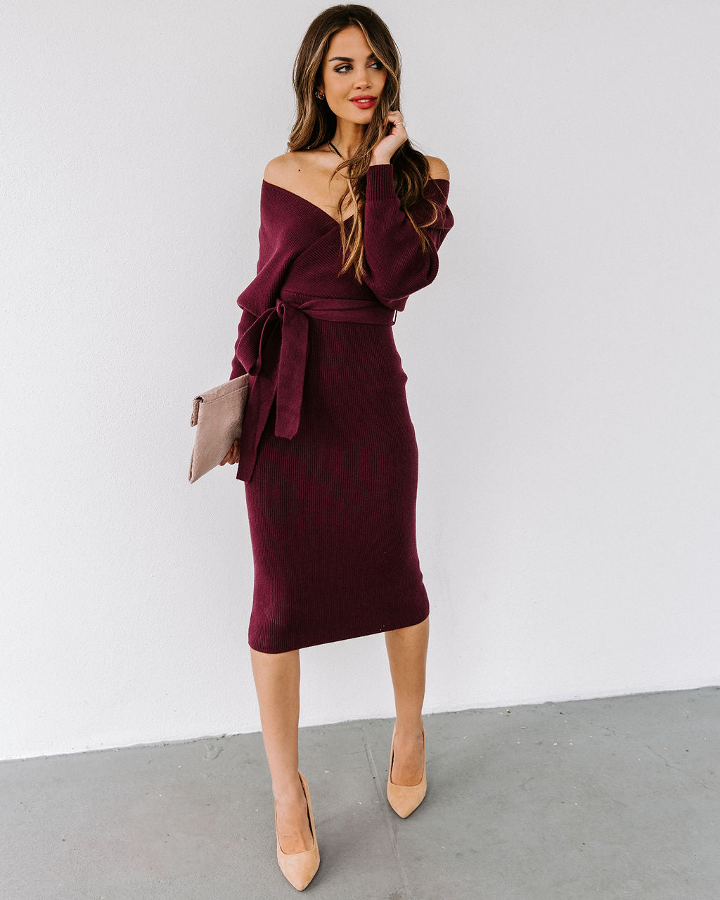 Yara Drape Knit Midi Sweater Dress - Plum