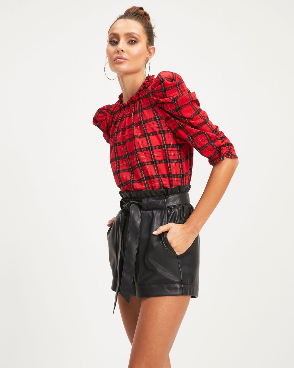 Very Pleased Plaid Puff Sleeve Top