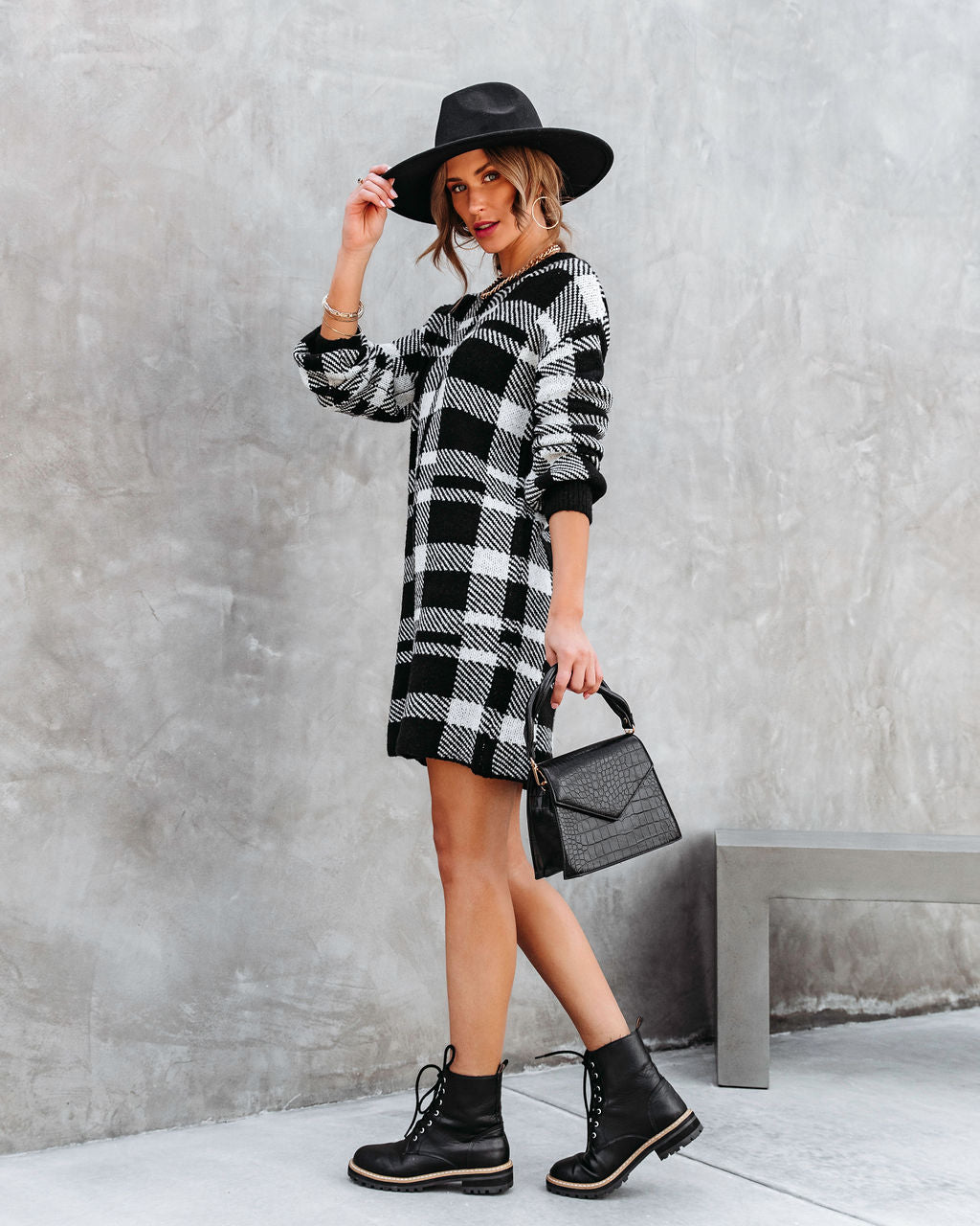 Very Forward Plaid Knit Sweater Dress