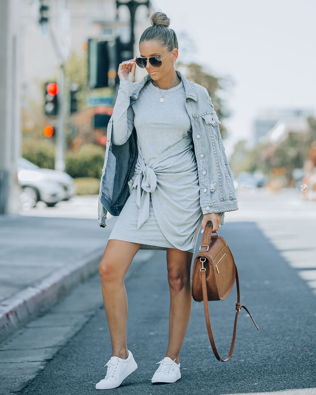 Ayda Drape Front Tie Mini Dress - Heather Grey - FINAL SALE