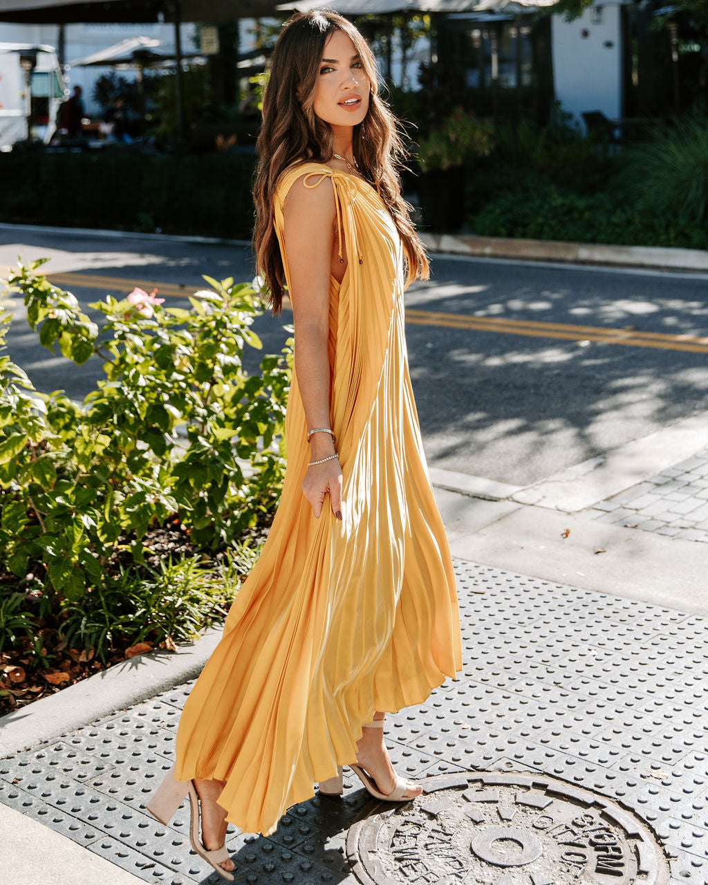 Melina Satin One Shoulder Pleated Midi Dress - Marigold