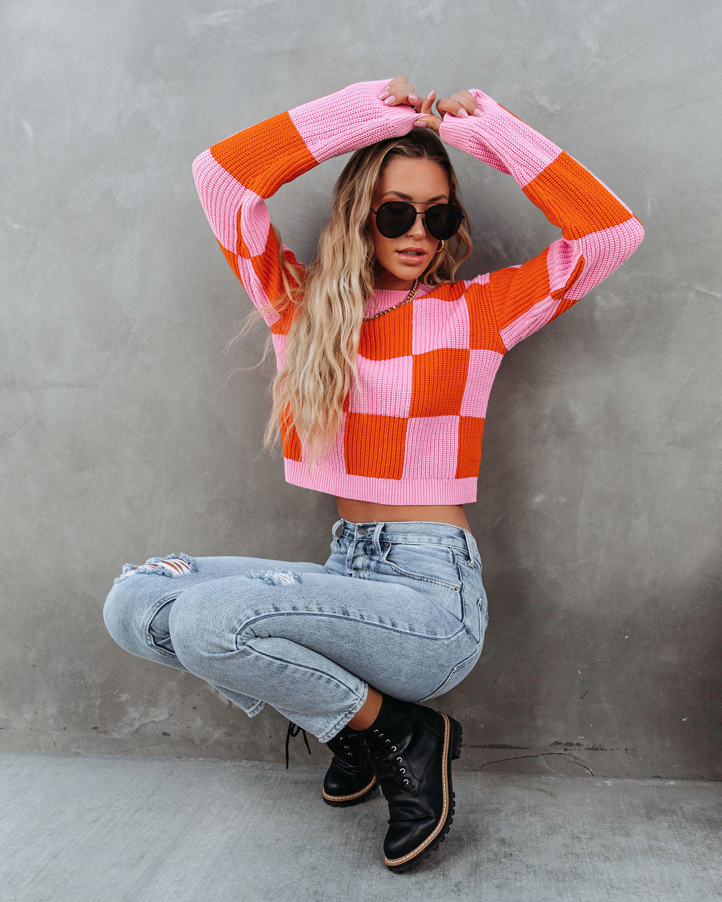 Morris Checkered Pullover Sweater - Pink/Orange Combo
