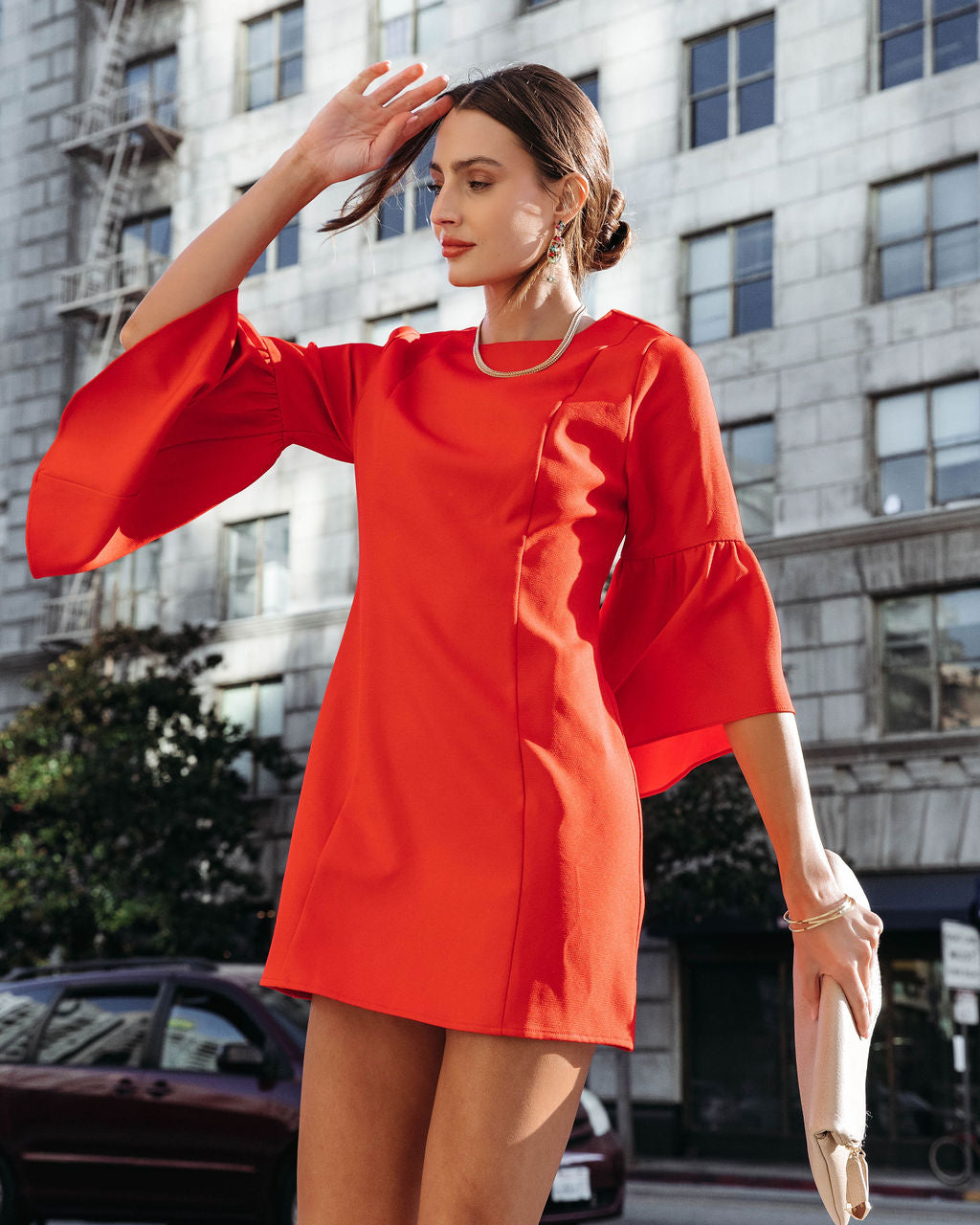 After Work Social Ruffle Sleeve Mini Dress - Red