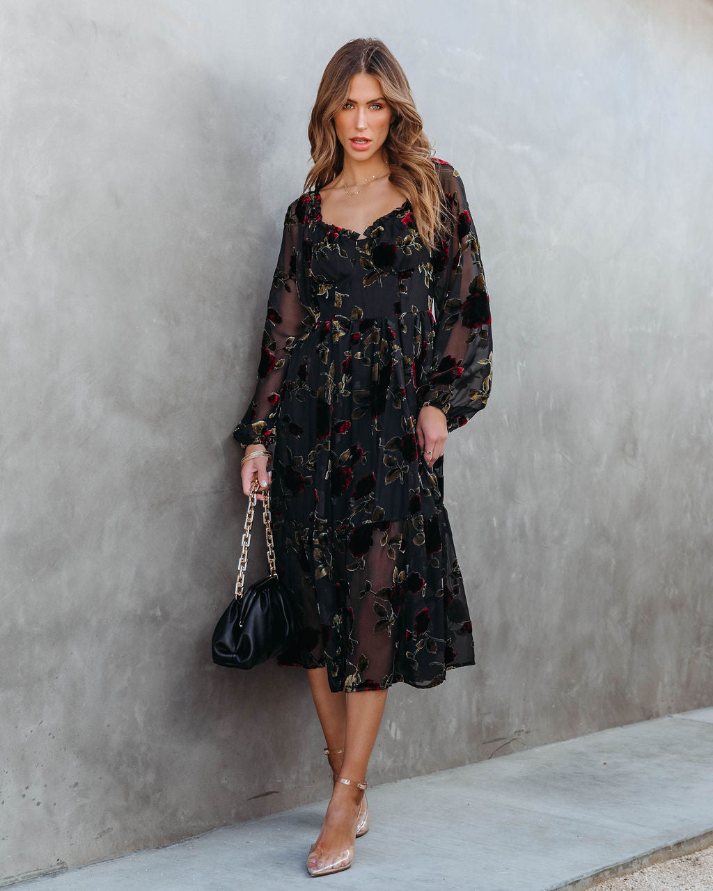 Never Forget Me Floral Burnout Velvet Midi Dress - Black