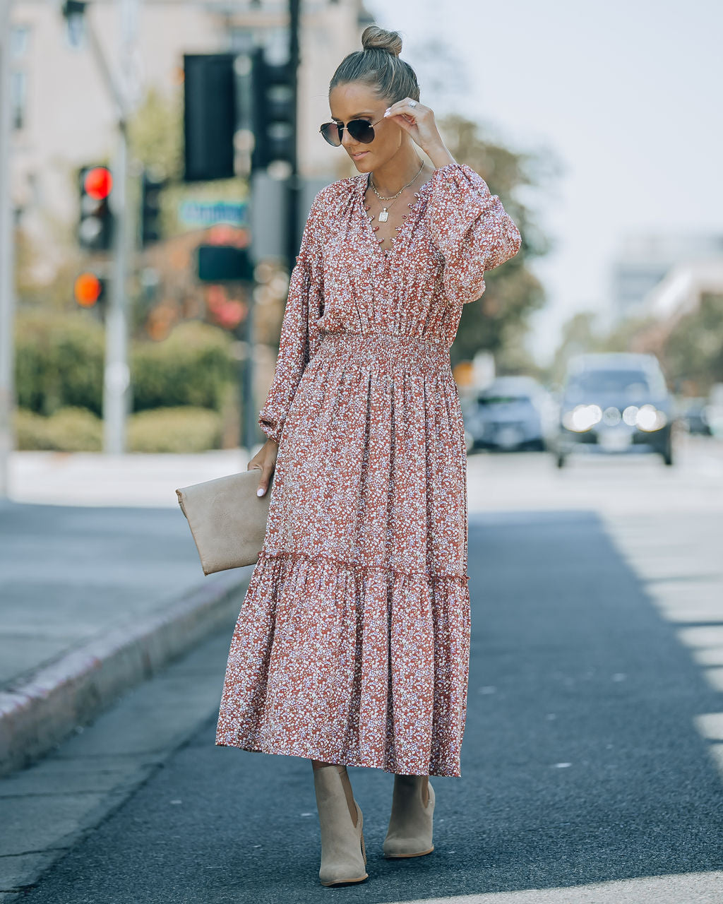 Autumn Flower Fields Smocked Ruffle Midi Dress