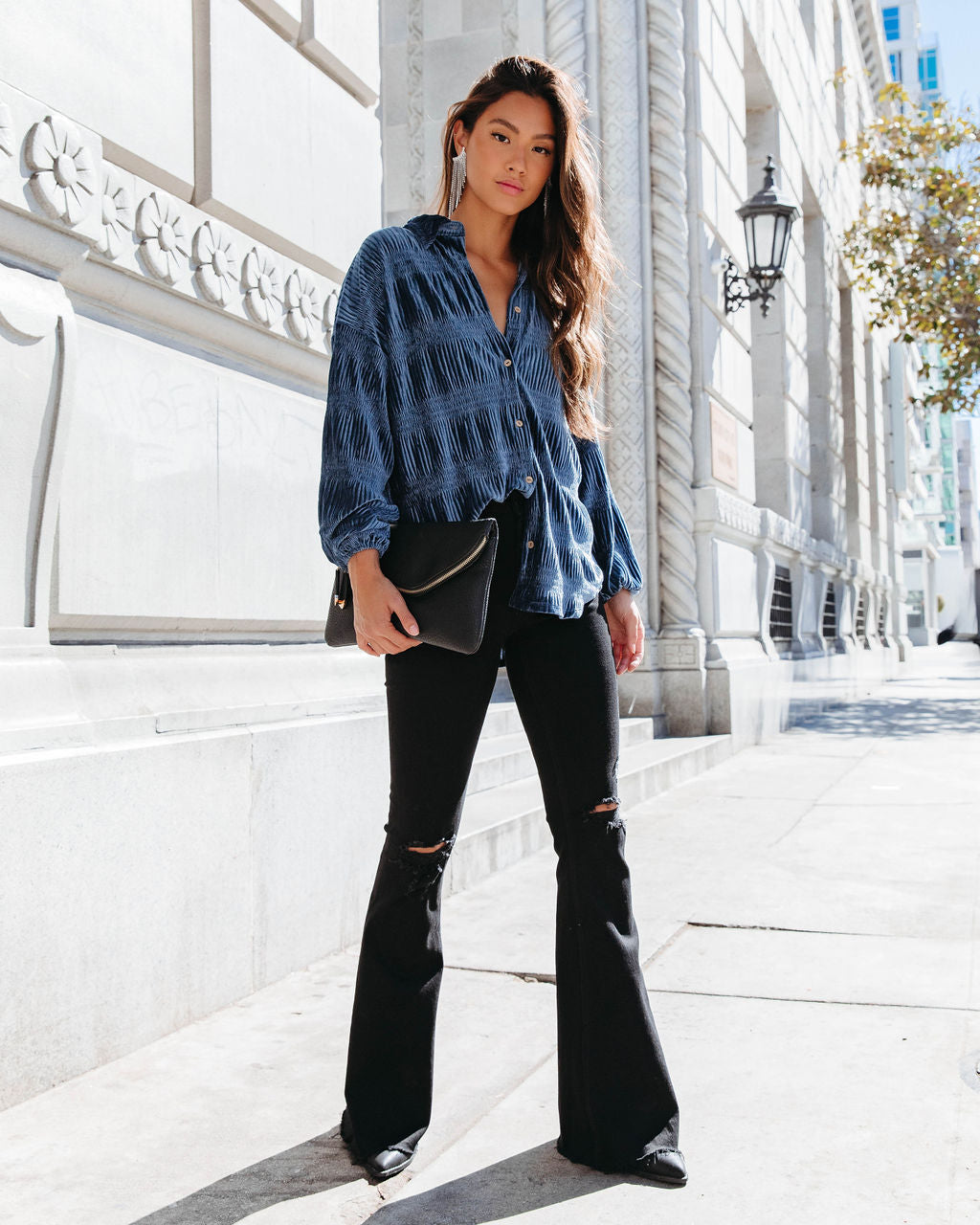 Bette Textured Velvet Button Down Top - Blue