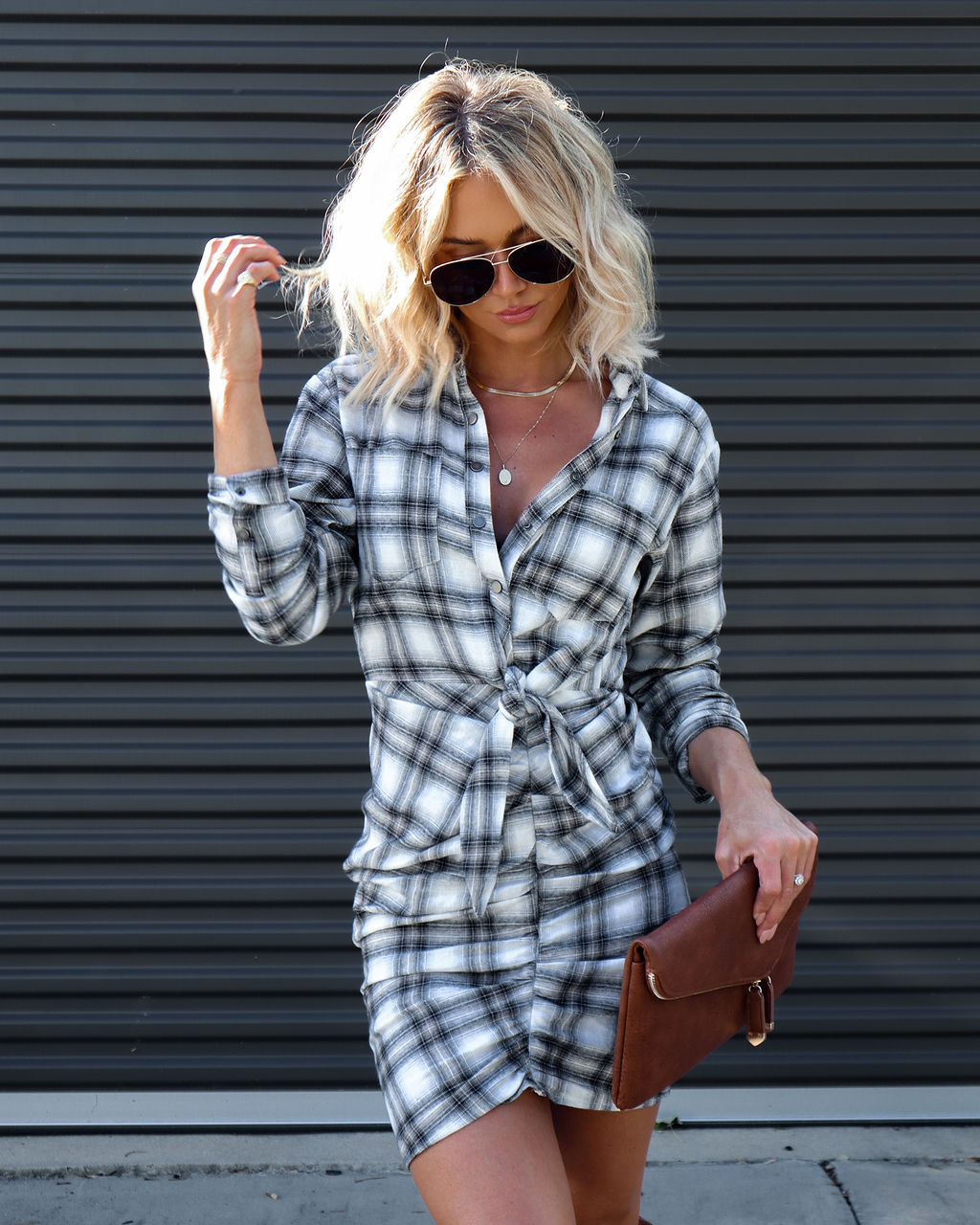 Archie Cotton Ruched Plaid Shirt Dress