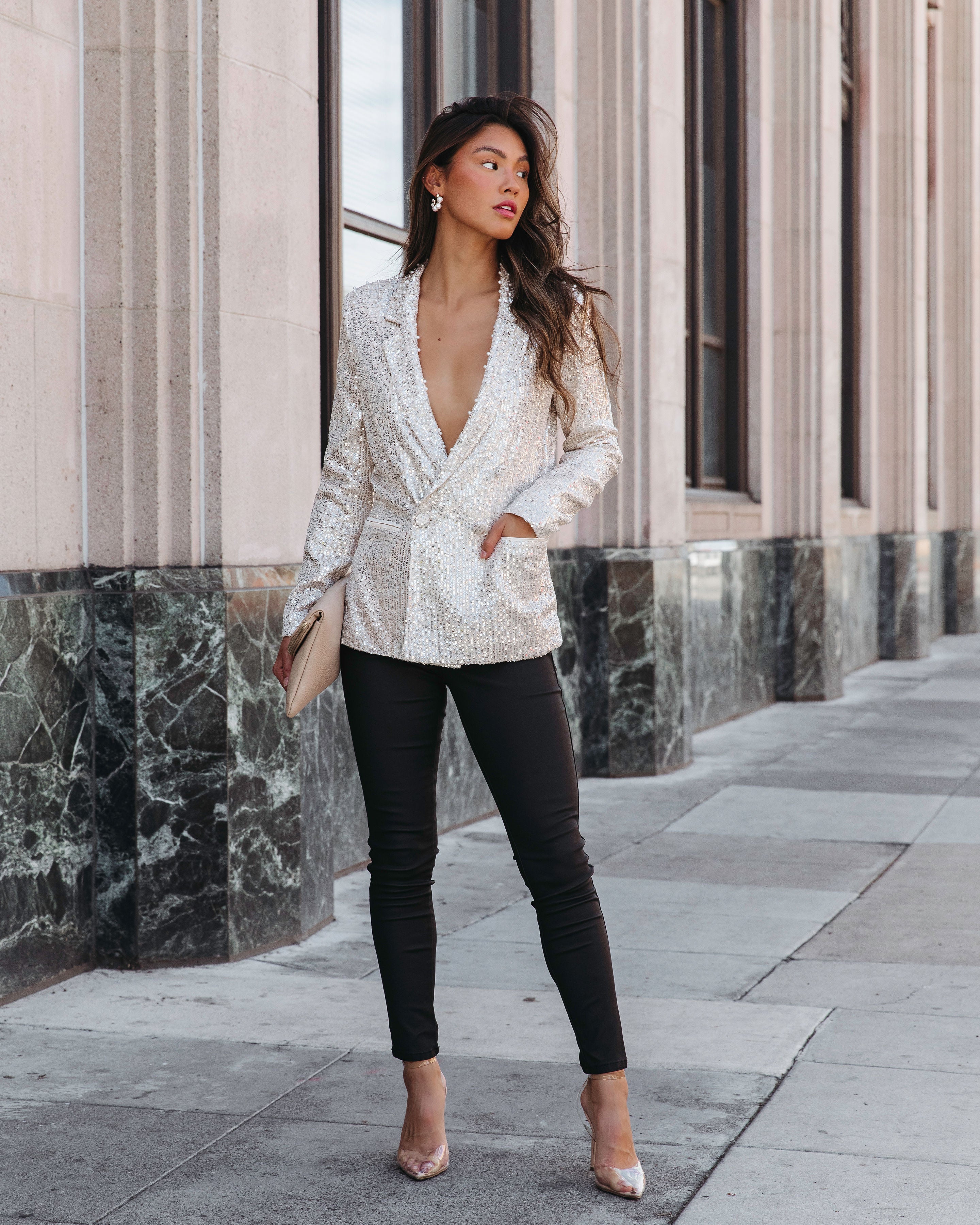 Friday Spotlight Pocketed Sequin Pearl Embellished Blazer - Silver