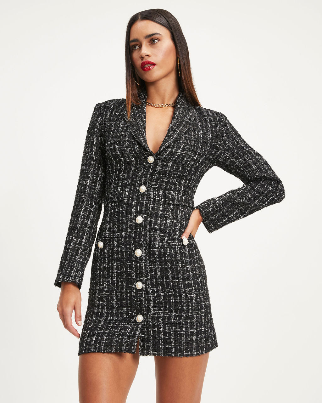 Catwalk Strut Tweed Pocketed Blazer Dress - Black