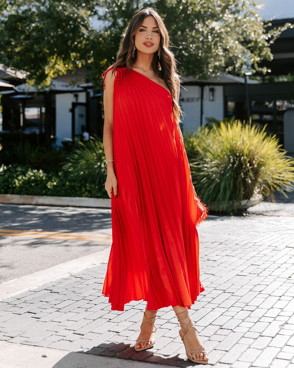 Melina Satin One Shoulder Pleated Midi Dress - Red