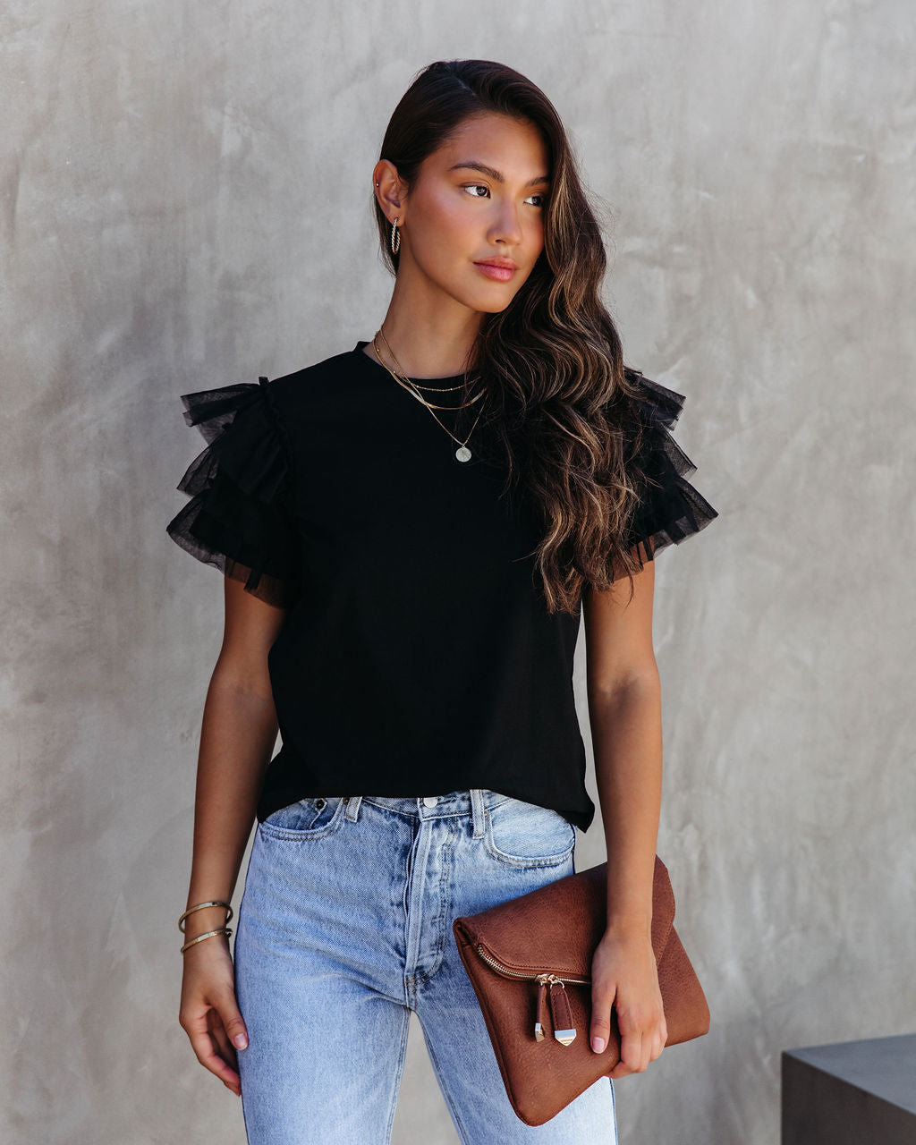 Carey Tulle Puff Sleeve Top - Black