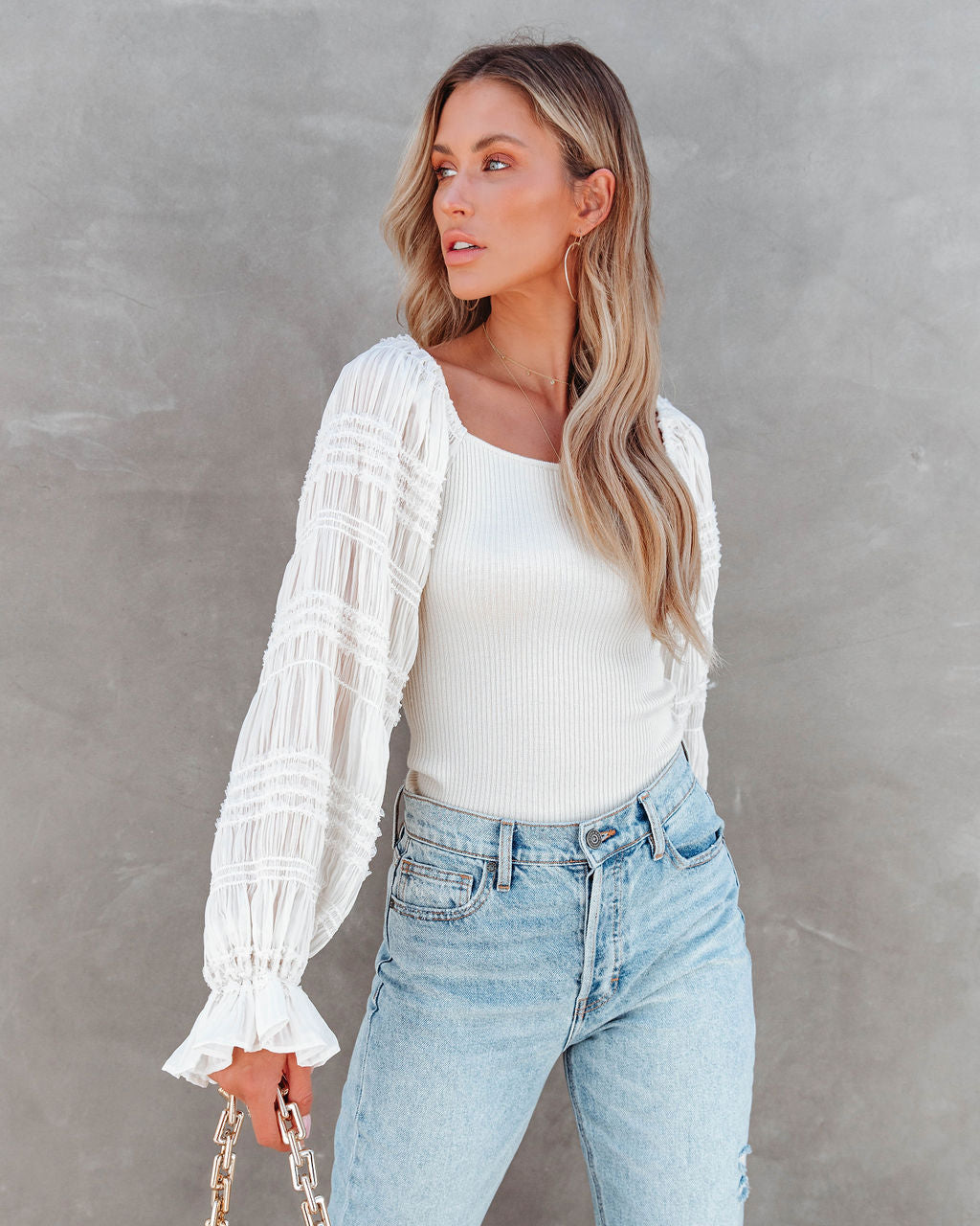 Glimmer Of Amusement Plisse Chiffon Contrast Top - Ivory