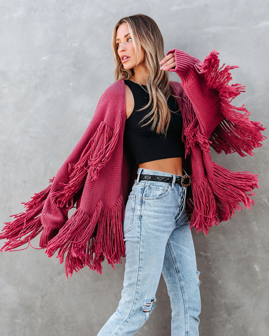 Spruce Fringe Knit Cardigan - Rose