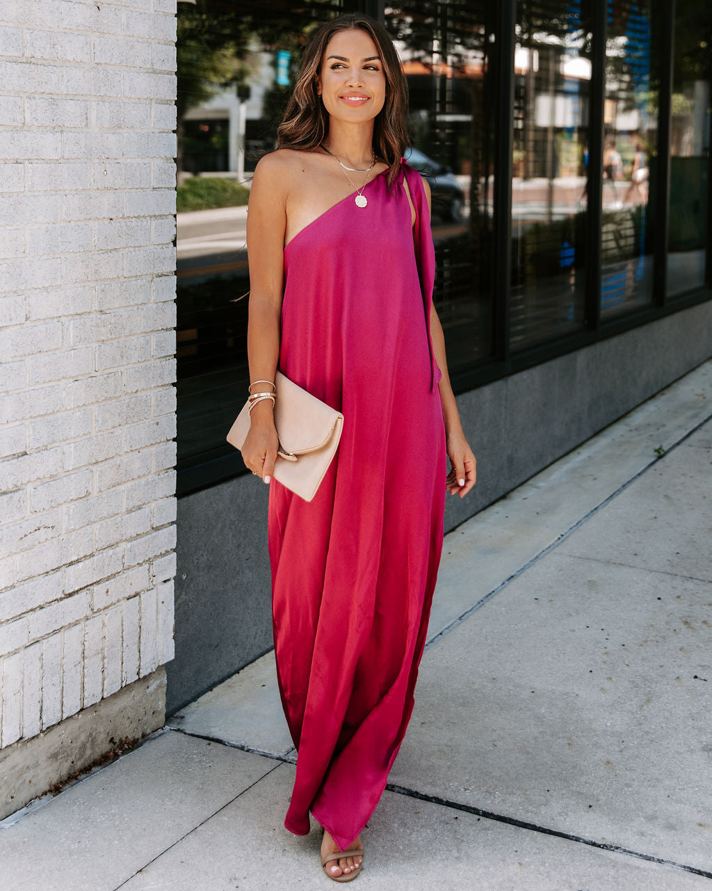 Invite Only Satin One Shoulder Maxi Dress - Burgundy