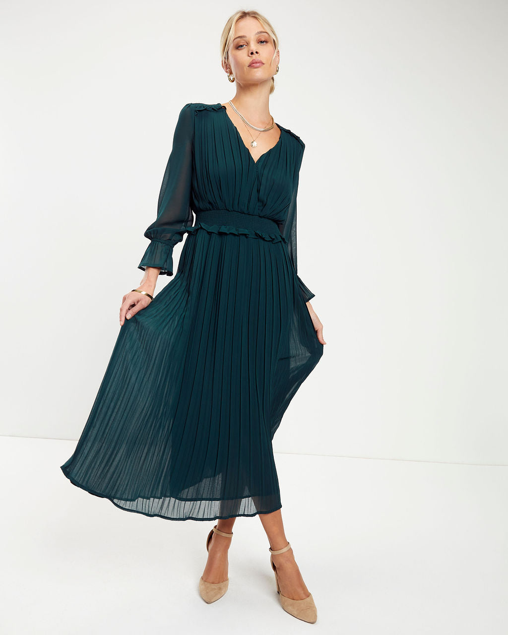 Forest Romance Pleated Midi Dress - Hunter Green