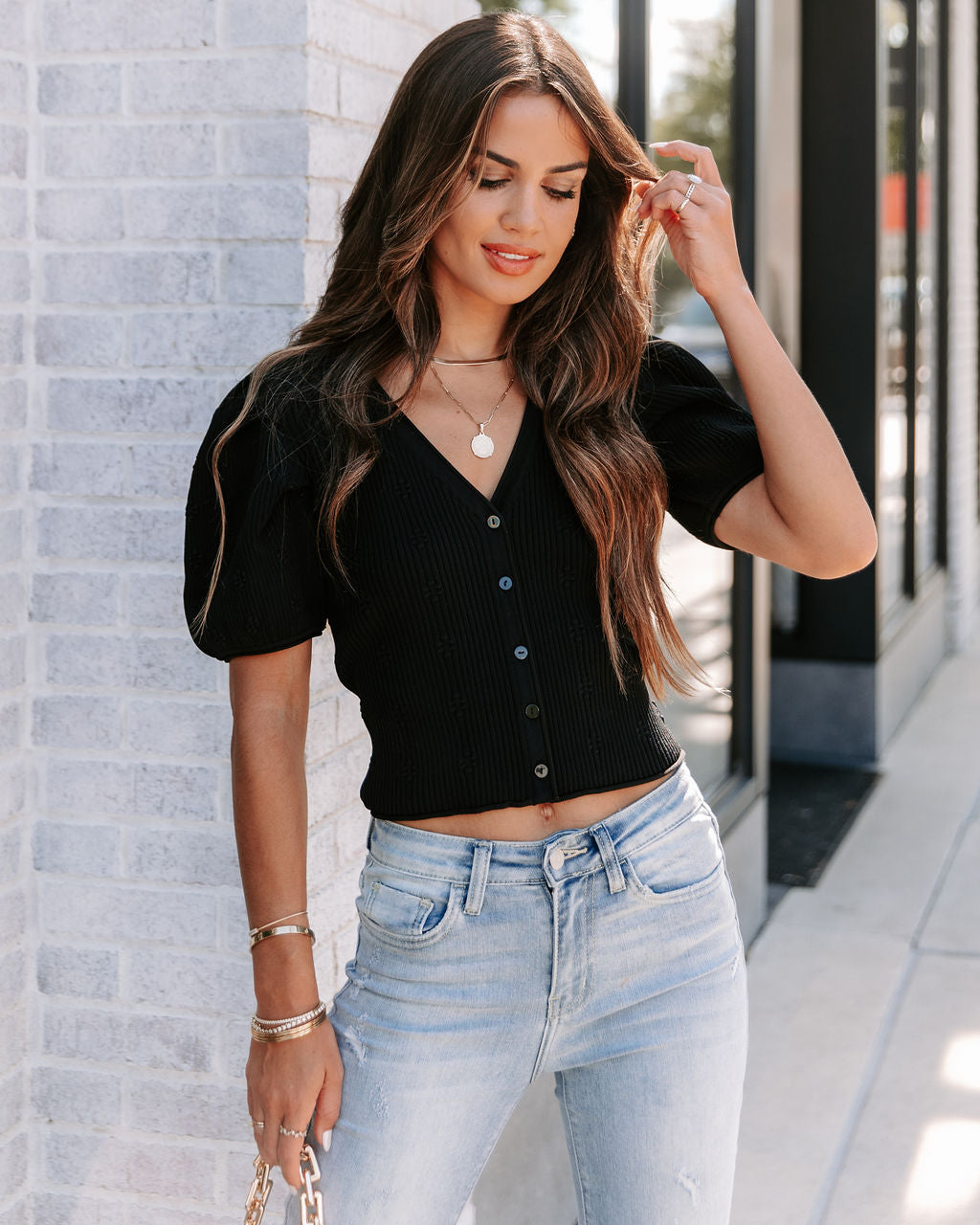 Sweetest Doll Ribbed Puff Sleeve Top - Black - FINAL SALE