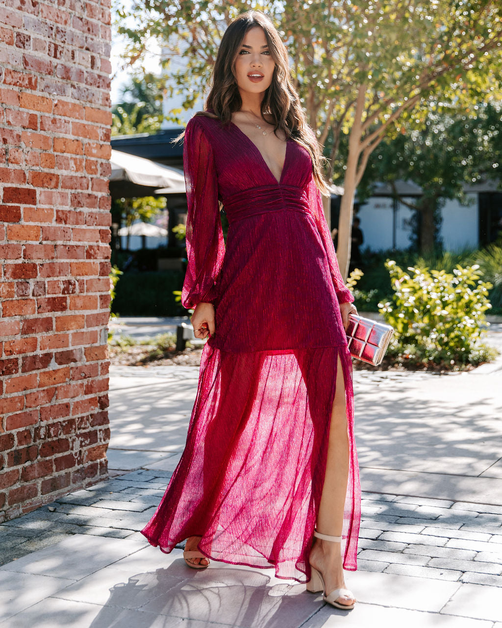 Loretta Plisse Metallic Balloon Sleeve Maxi Dress - Berry