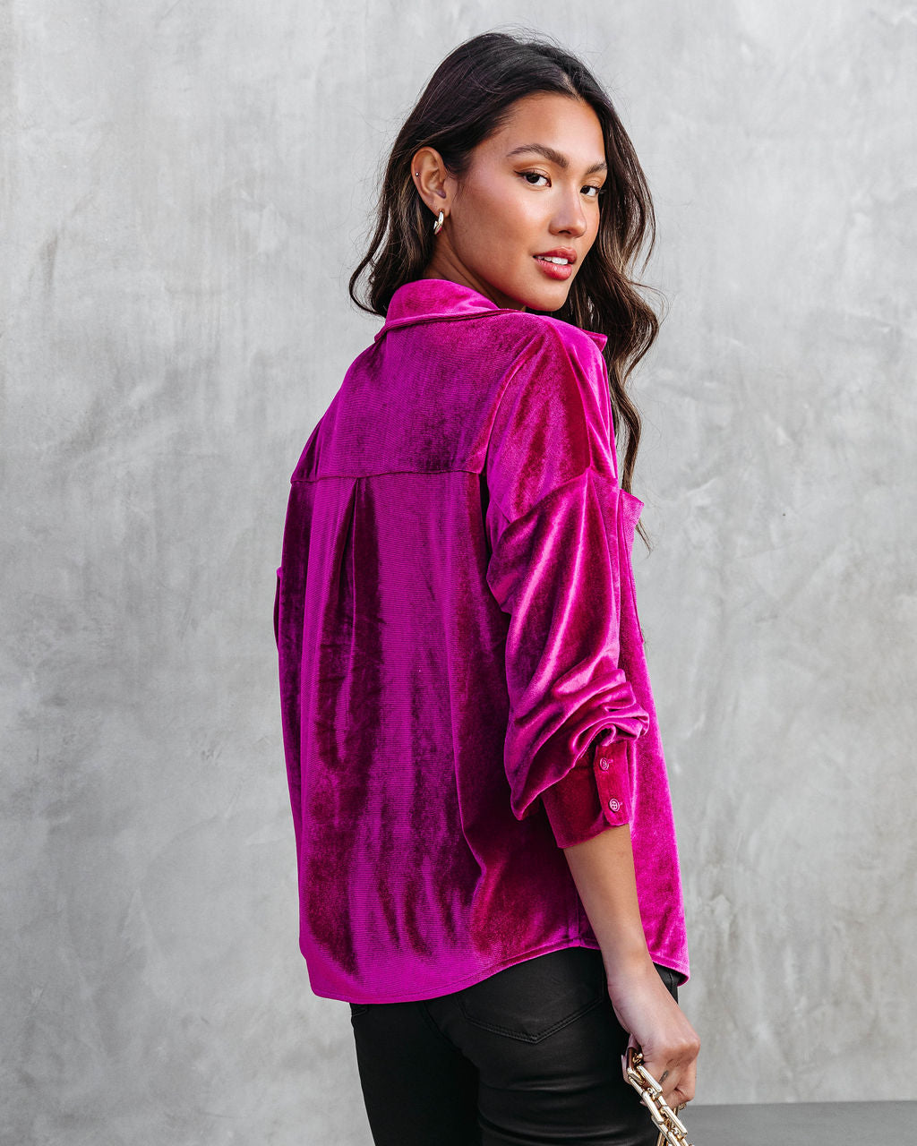 Magical Wonder Velvet Button Down Top - Magenta