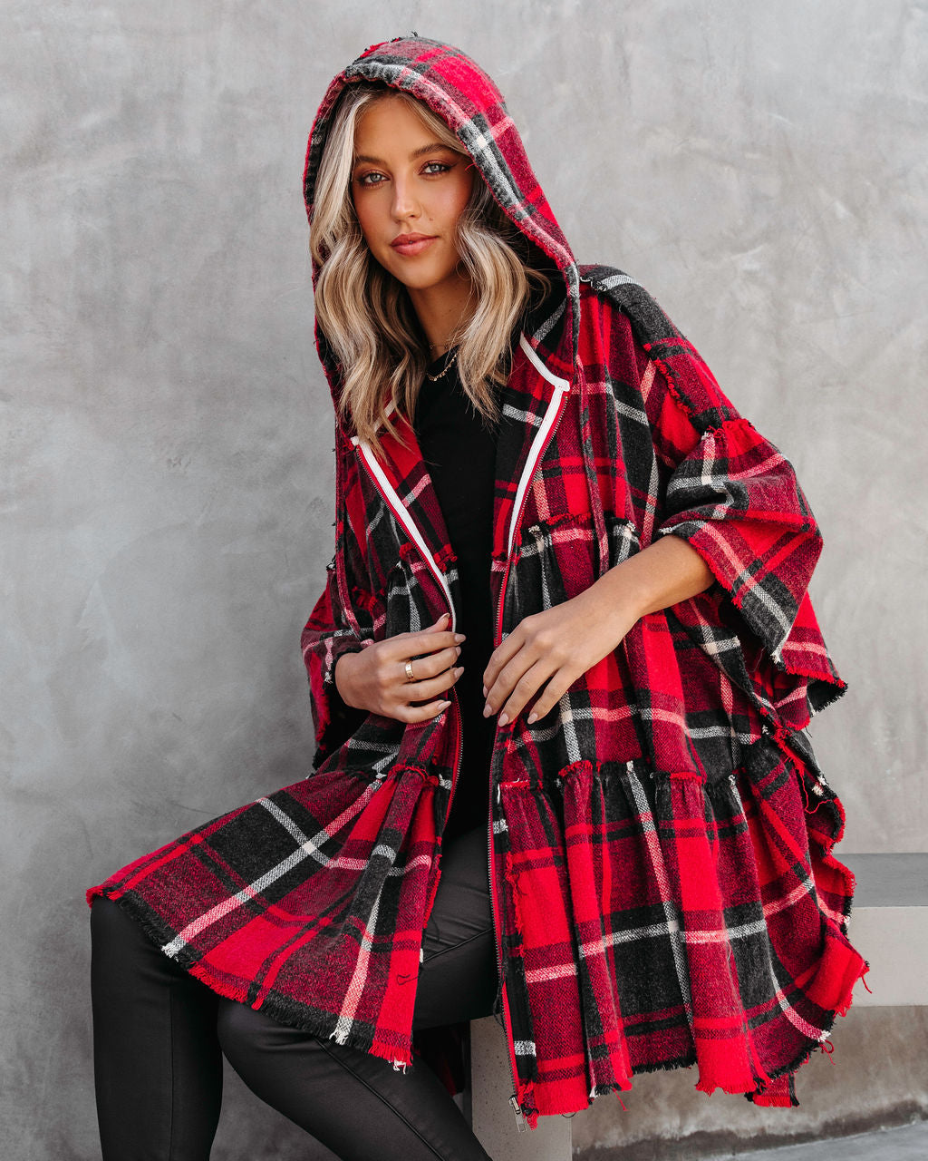 Pleasant Surprise Plaid Hooded Jacket - Red