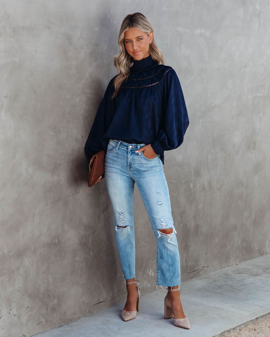 Rococo Mock Neck Top - Navy - SALE