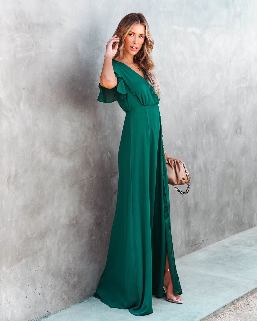 Last Forever Flutter Sleeve Maxi Dress - Hunter Green