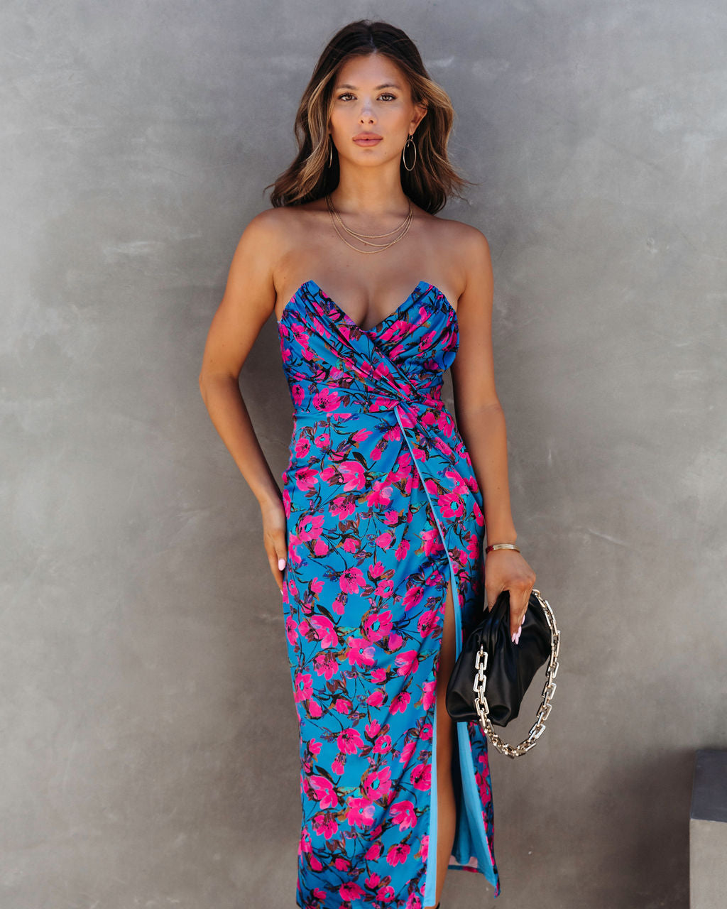 Talk About It Floral Satin Strapless Midi Dress