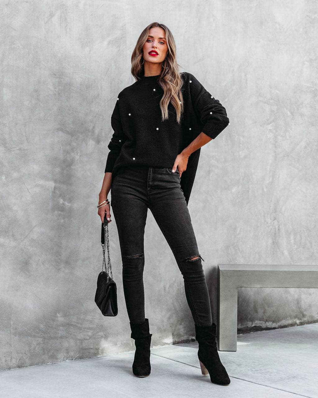 Lady Like Pearl Embellished Knit Pullover Sweater