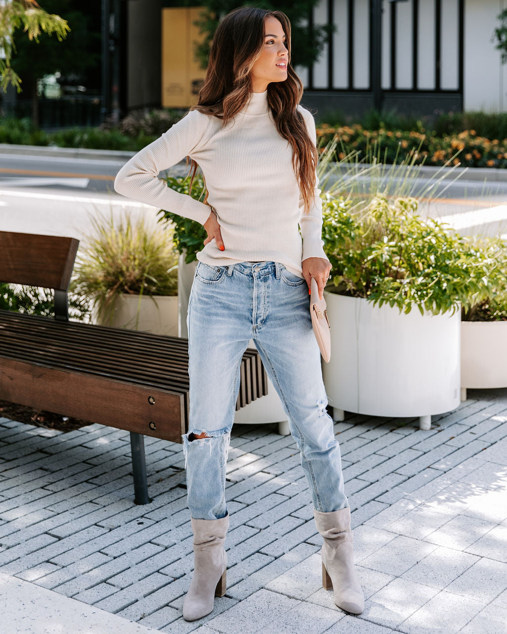 Tell Me About It Ribbed Mock Neck Long Sleeve Top - Oatmeal - FINAL SALE