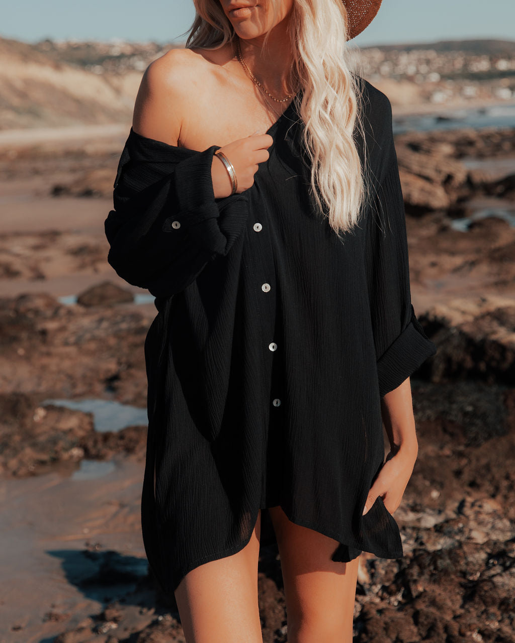 Jeanette Button Down Tunic Top - Black
