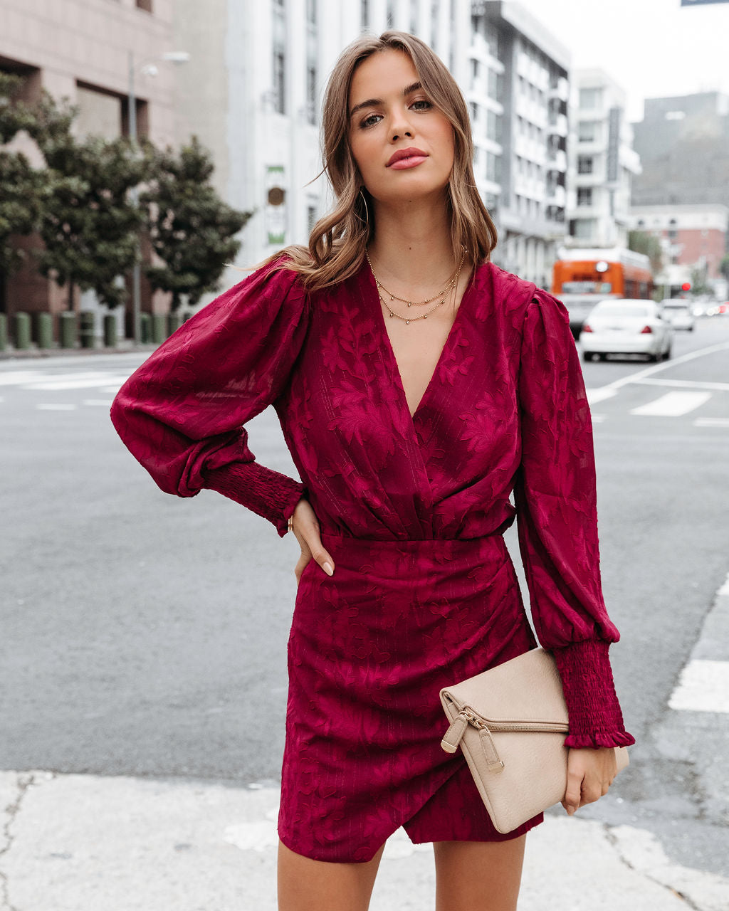 Define The Moment Floral Drape Mini Dress - Wine