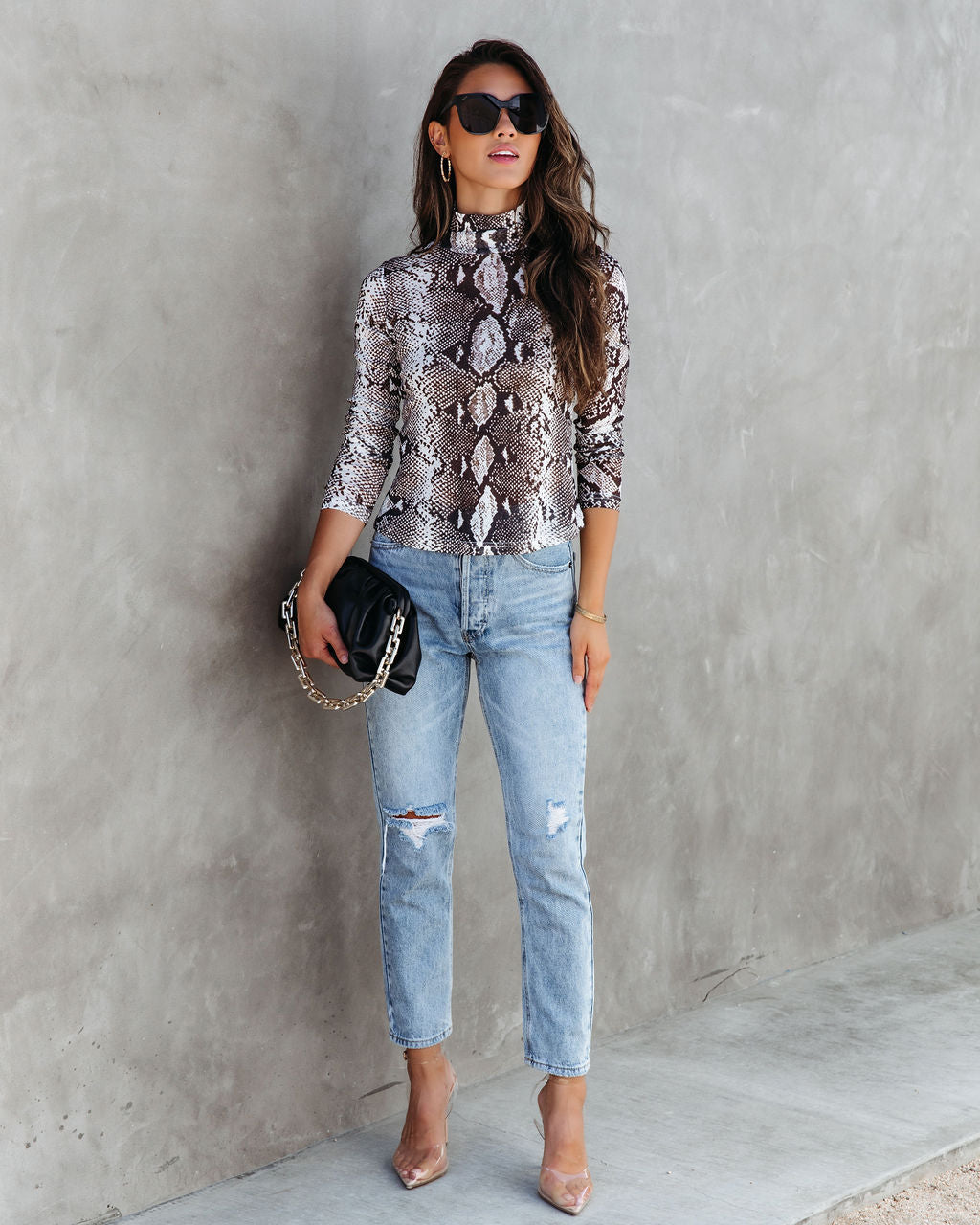 Serpentine Snake Print Sheer Turtleneck Top - Grey - SALE