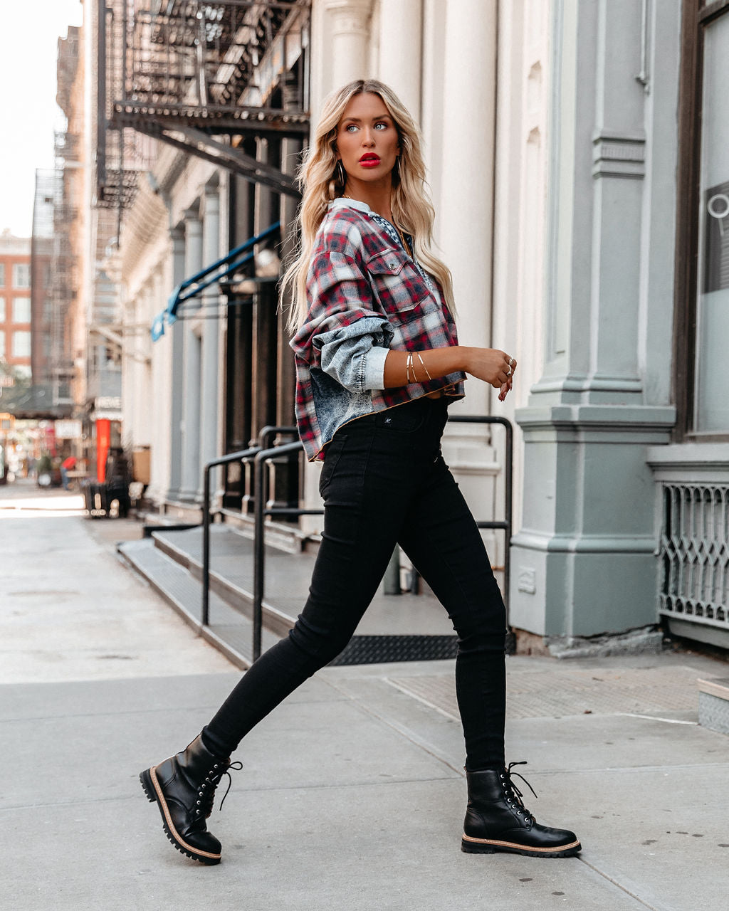 Thea Half Zip Acid Wash Plaid Top