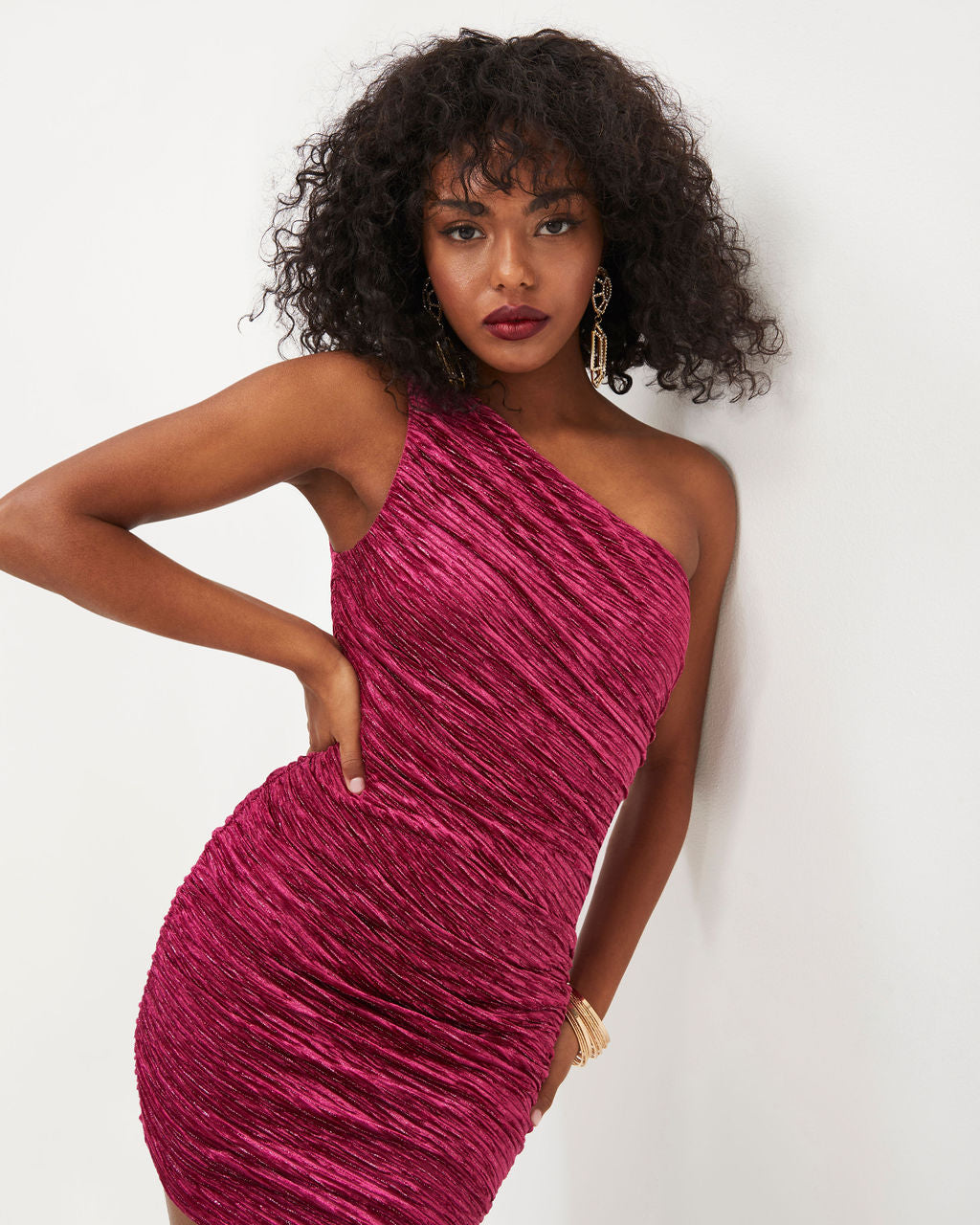 She's A Lady Textured Velvet Metallic One Shoulder Mini Dress - Berry