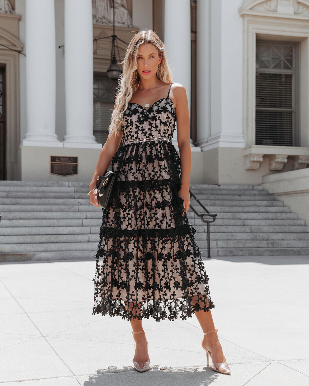 Pascal Tiered Crochet Lace Midi Dress - Black