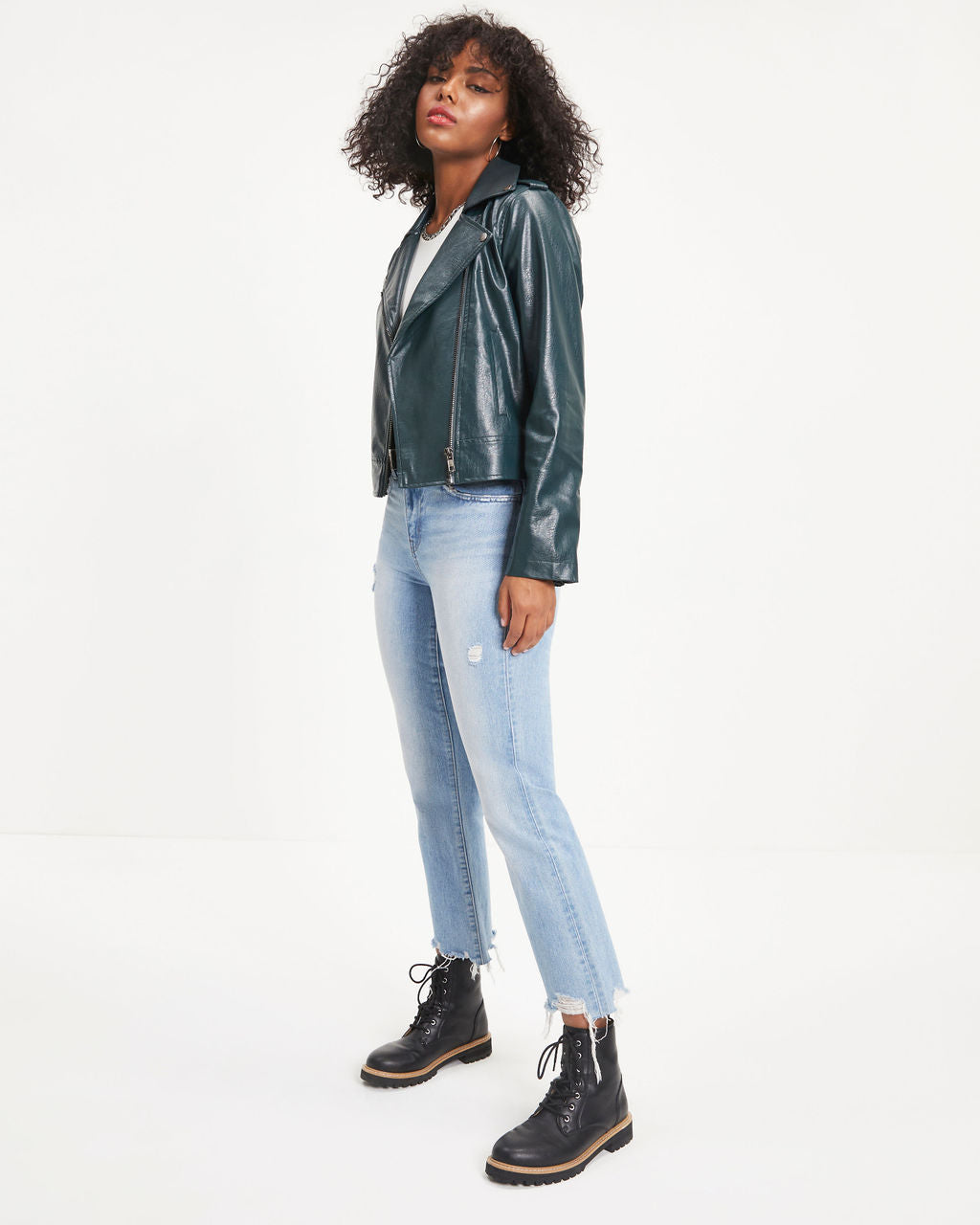 Jingle Bell Rock Pocketed Faux Leather Biker Jacket - Pine