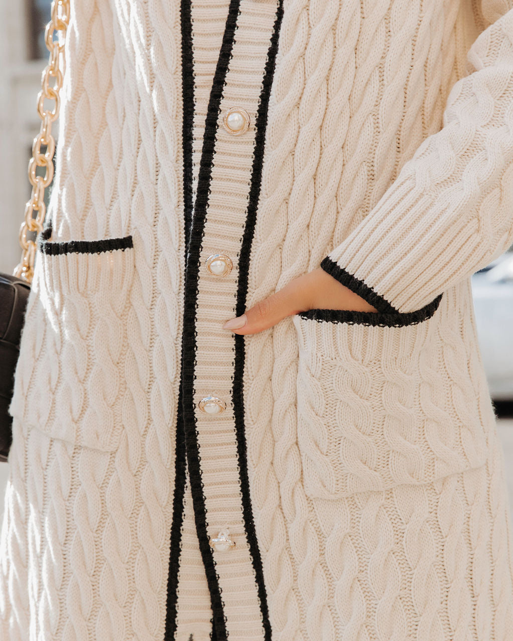 5Th Avenue Cable Knit Pocketed Cardigan - Cream