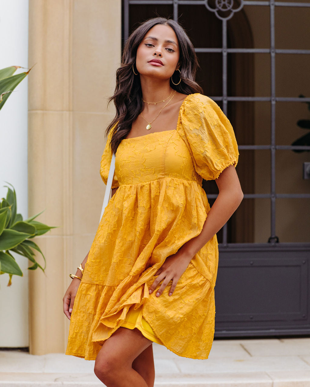 Picking Daisies Puff Sleeve Babydoll Mini Dress - Mustard Yellow - SALE