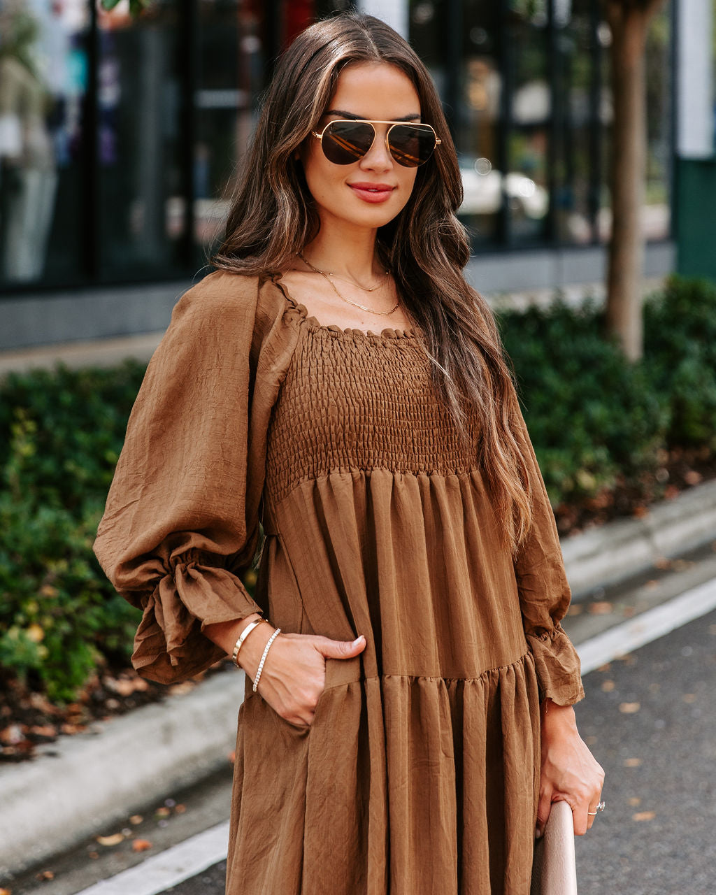 River Pocketed Puff Sleeve Midi Dress - Mocha