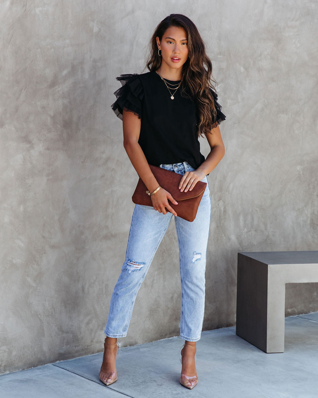 Carey Tulle Puff Sleeve Top - Black