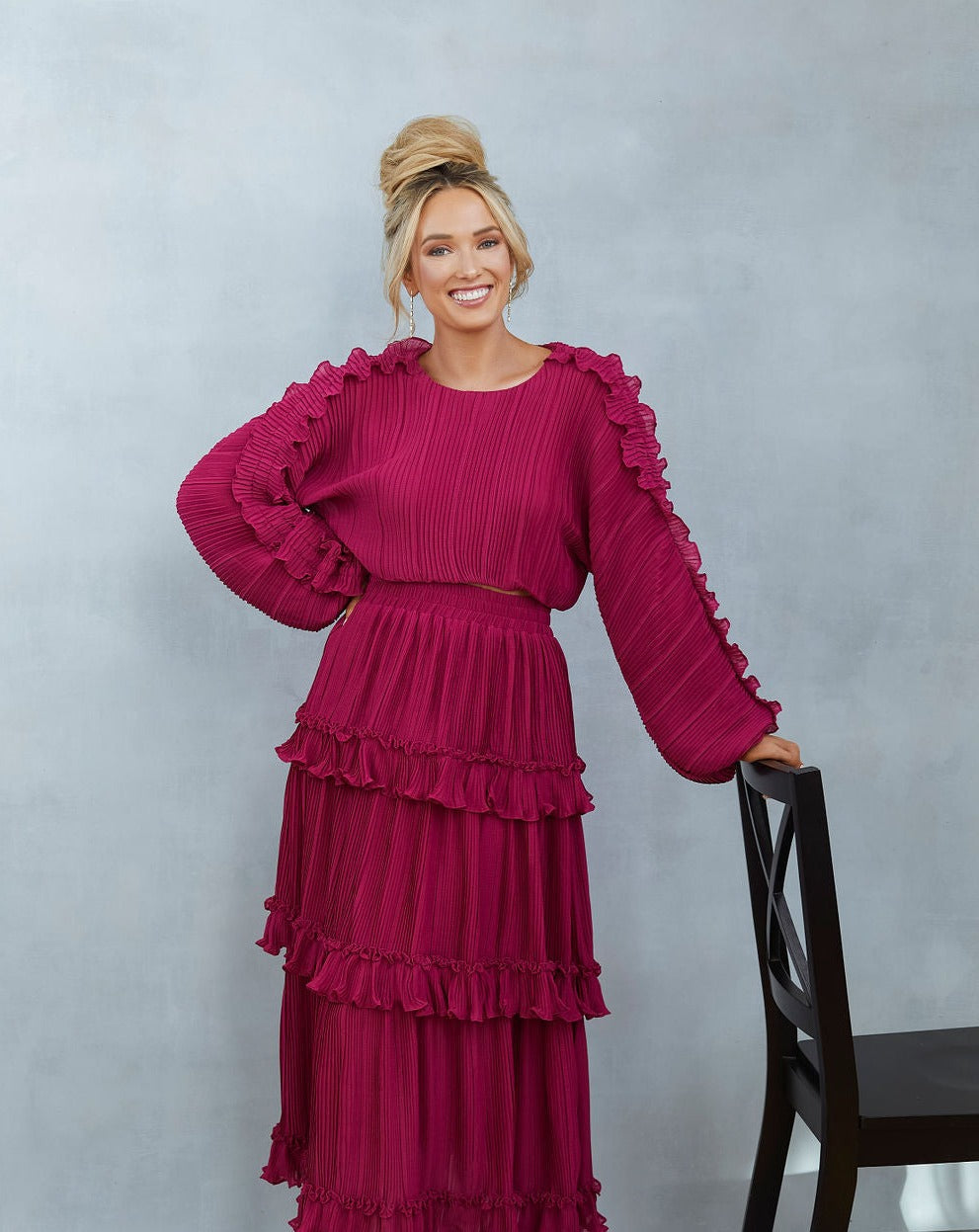 Caitlin Plisse Chiffon Top - Wine