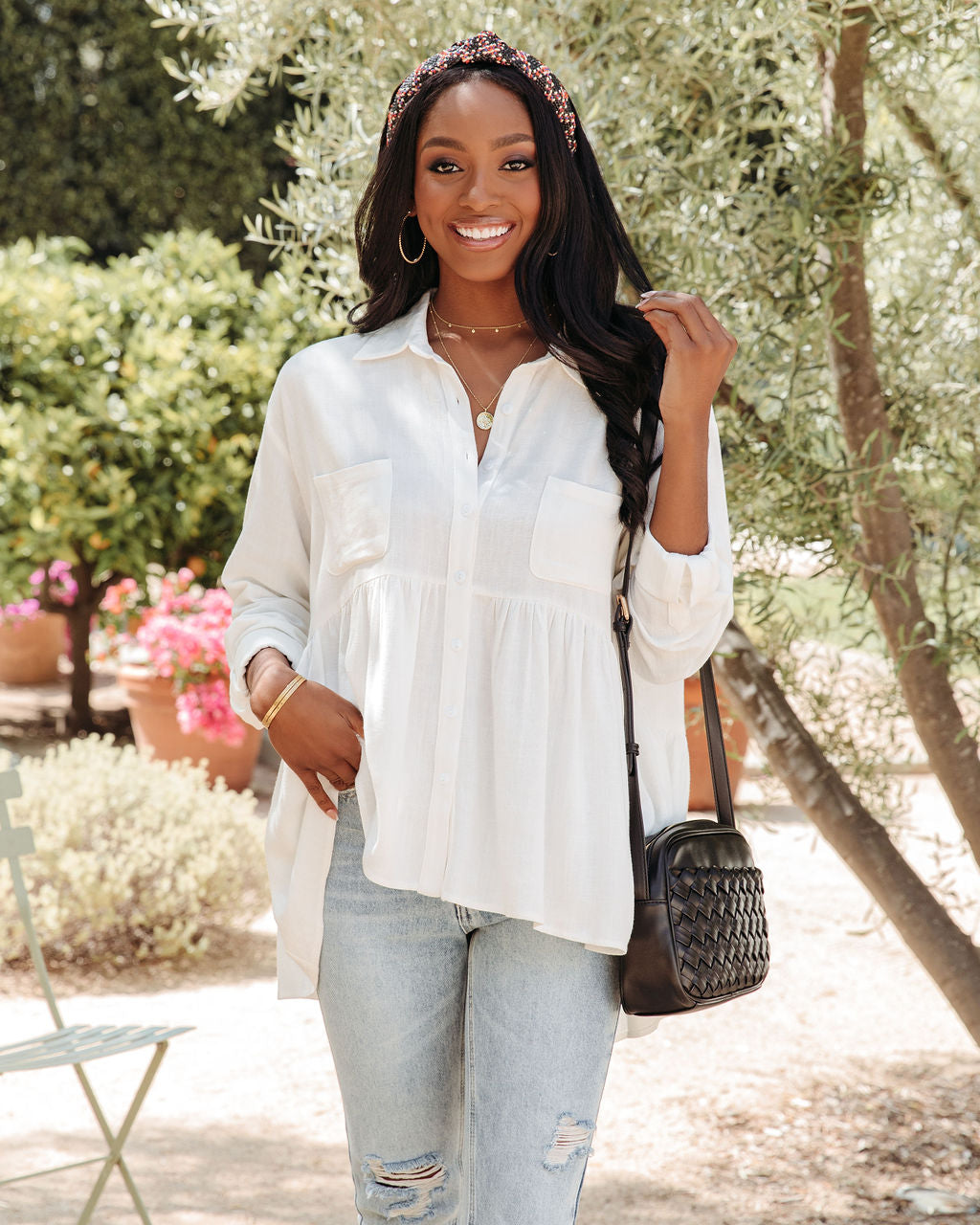 Peaceful Linen Blend Pocketed Button Down Babydoll Top - FINAL SALE